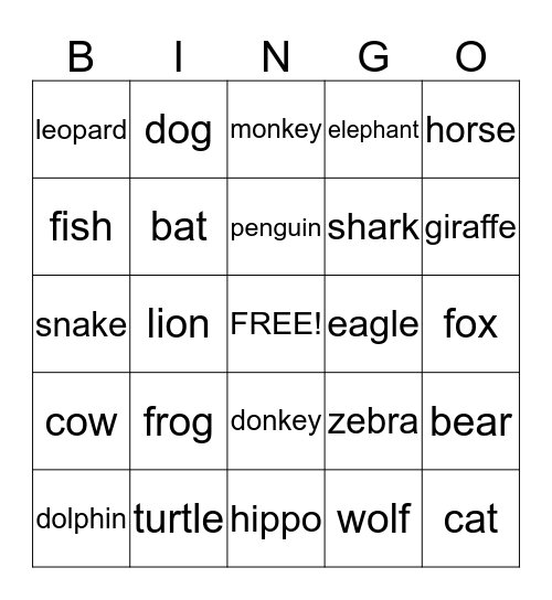 Animals Bingo Card