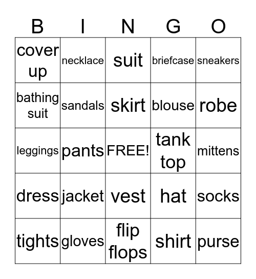 Clothes & Accessories Bingo Card