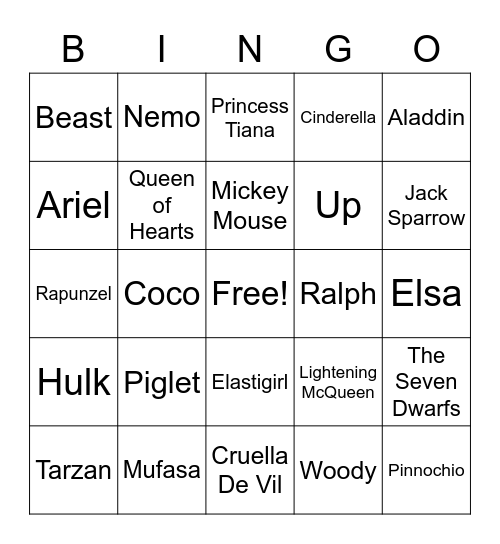 DISNEY PIXAR Bingo Card