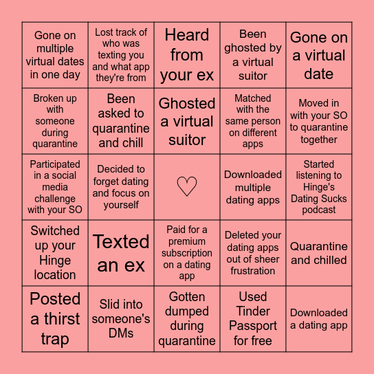 Dating BINGO: Quarantine Edition Bingo Card
