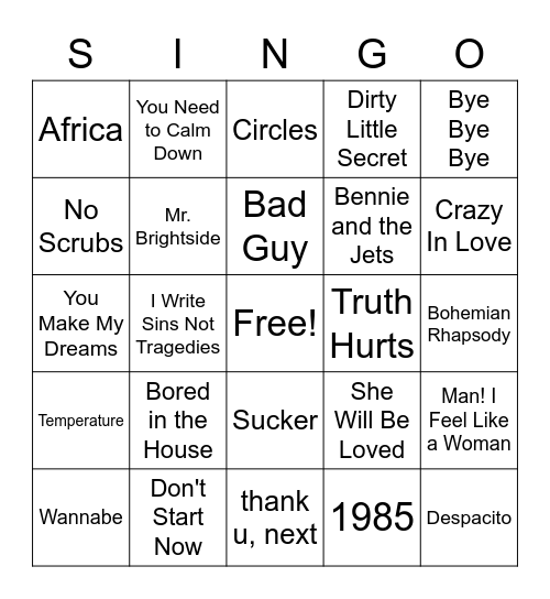 Quaran-Sing Bingo Card