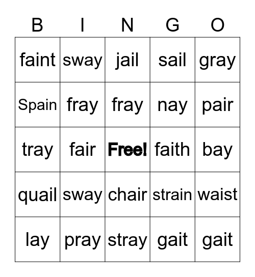 Long /a/  Spelled  ai//ay  Bingo Card