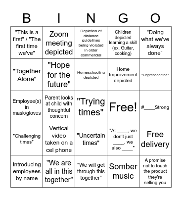 Covid Commercial Bingo Card