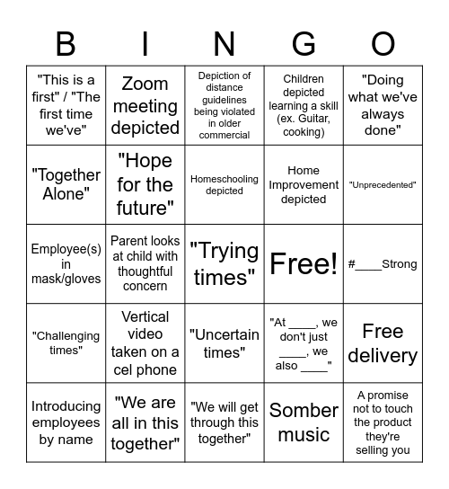 Covid Commercial Bingo Card