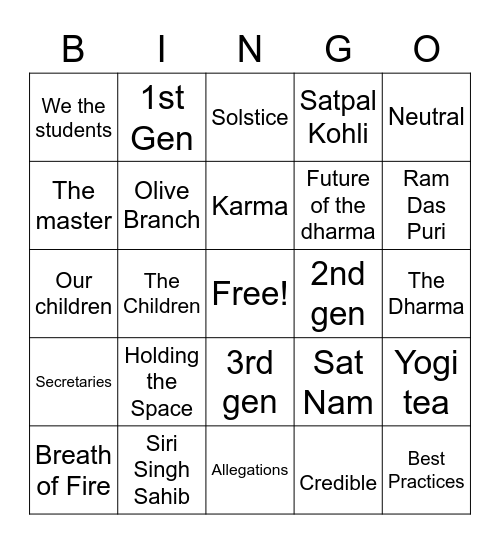 Khalsa Council Bingo Card