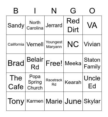 Staton Family Bingo Card
