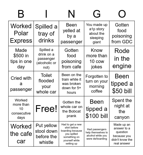 Grand Canyon Railway Bingo Card