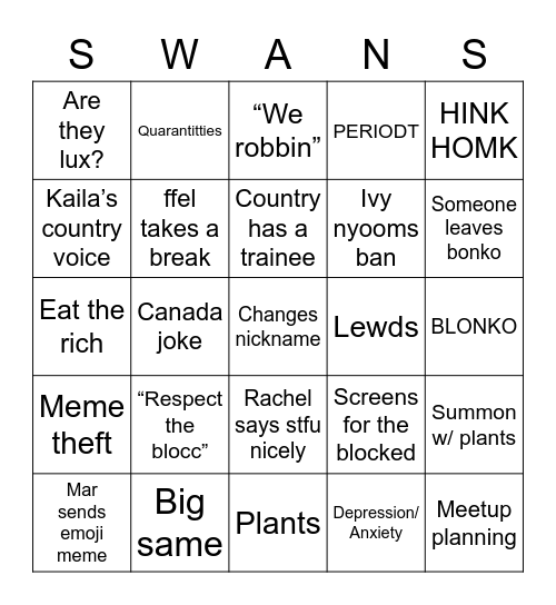 SWANKO 🦢 Bingo Card