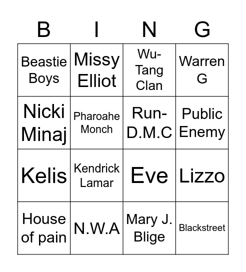 Hip Hop Legendz Bingo Card