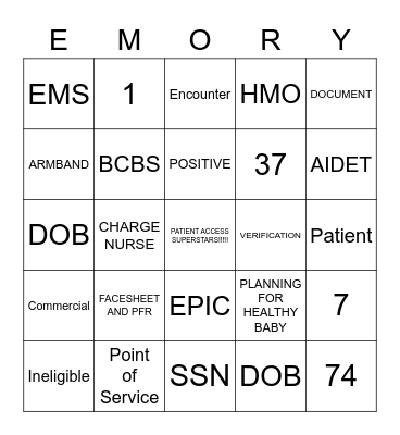 Patient Access BINGO Card