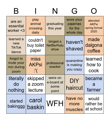 AKPsi Quarantine Edition Bingo Card