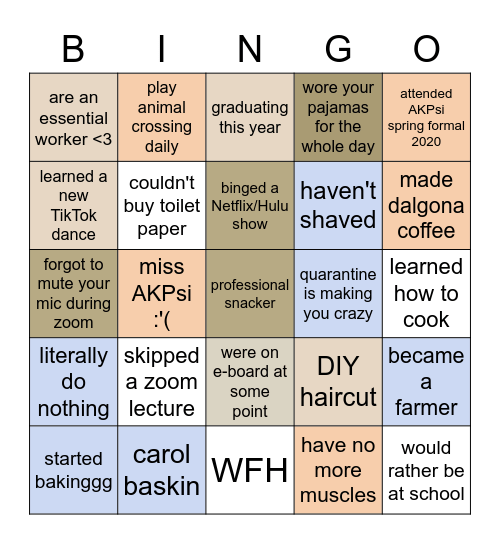AKPsi Quarantine Edition Bingo Card