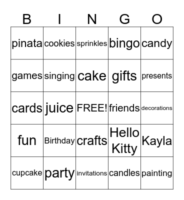 Kayla's Birthday Bingo Card