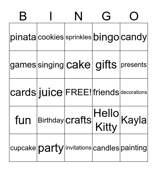 Kayla's Birthday Bingo Card