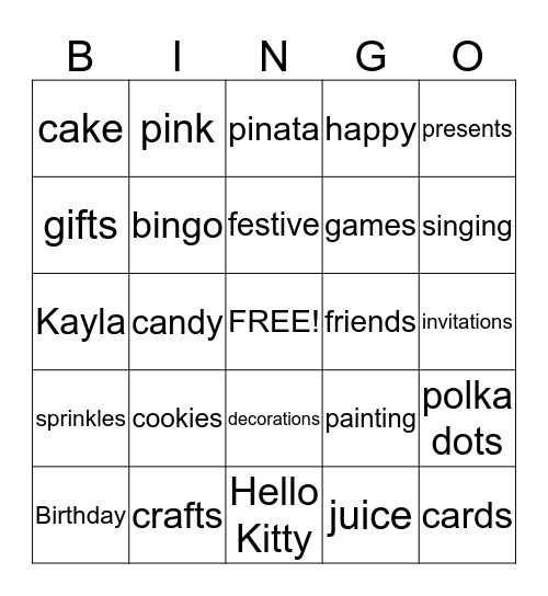 Kayla's Birthday Bingo Card