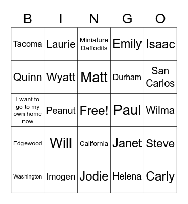 Family  Bingo! Bingo Card