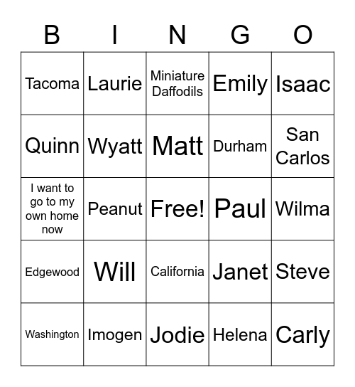 Family  Bingo! Bingo Card