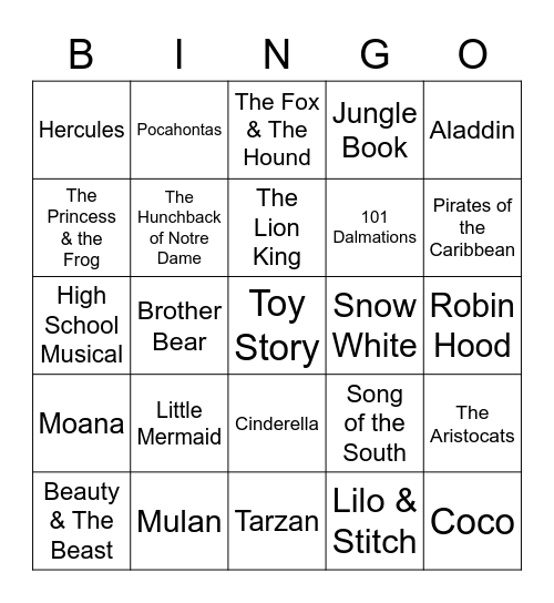 Disney Films Bingo Card