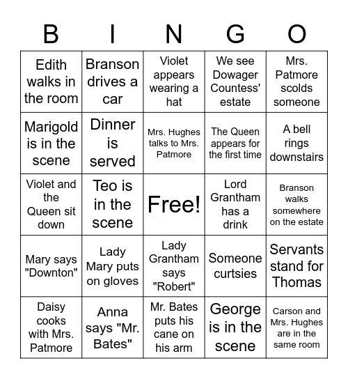 Downton Abbey Bingo for Movie Night Bingo Card