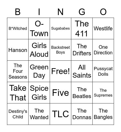 Girl v Boys Bingo Card