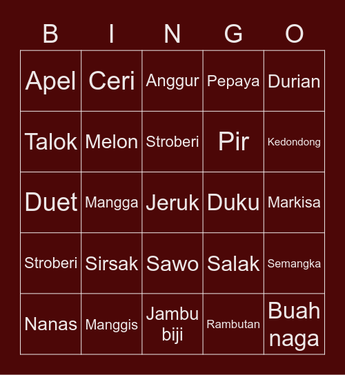 Buah Buahan Bingo Card