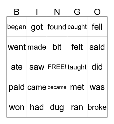 Irregular Verbs Bingo Card