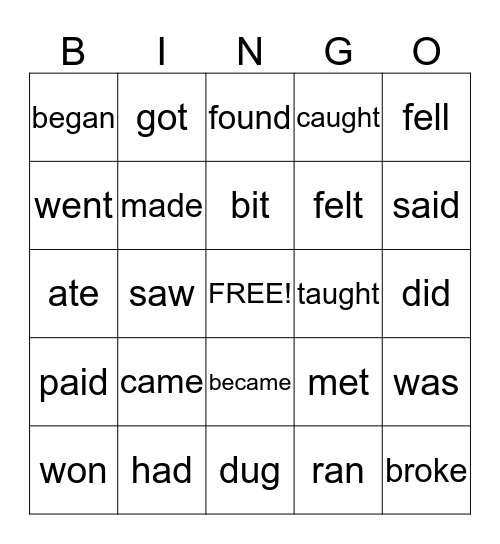 Irregular Verbs Bingo Card