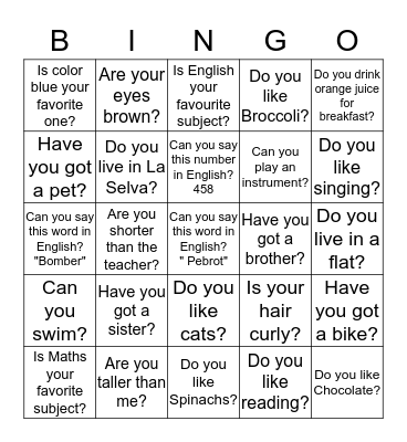 WELCOME TO THE ENGLISH CLASS!! Bingo Card