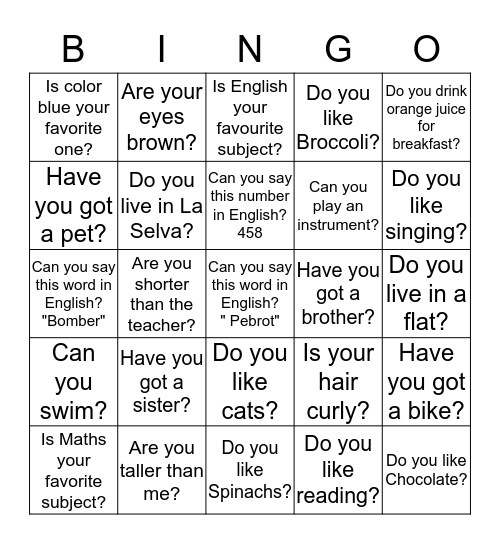 WELCOME TO THE ENGLISH CLASS!! Bingo Card