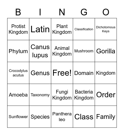 Taxonomy/Classification Bingo Card