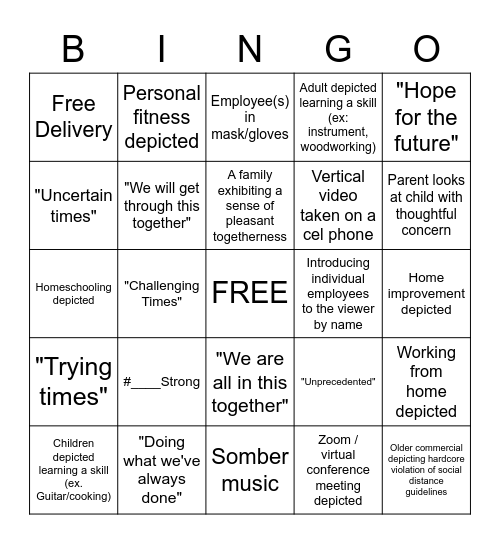 The Big C TV Ad Bingo Card