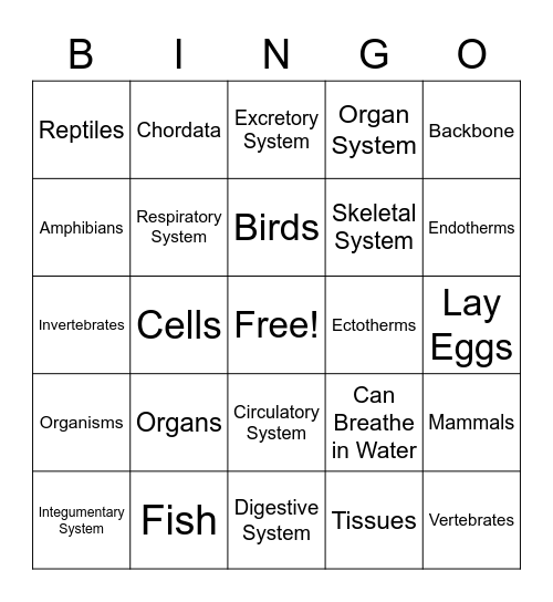 Animals and Body Systems Bingo Card