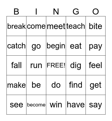 Bingo Cards for Irregular Verbs  Bingo Card