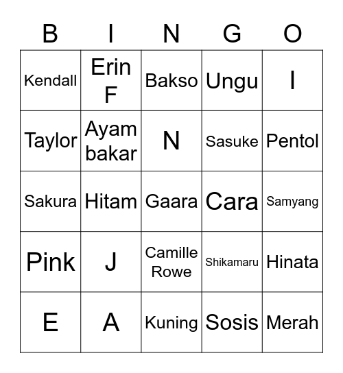 Jane Bingo Card