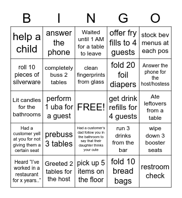 Host/Busser Blackout Bingo Card