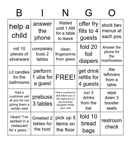 Host/Busser Blackout Bingo Card