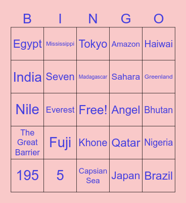 Vissa 10th Birthday World Geography BINGO Card