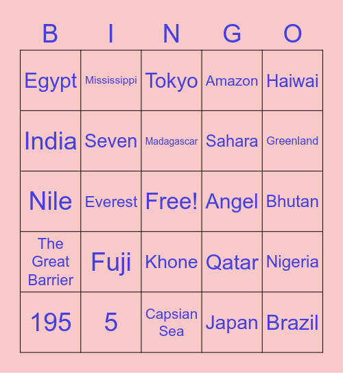 Vissa 10th Birthday World Geography BINGO Card