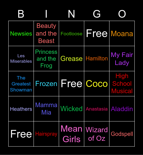 Theater Playlist Bingo Card