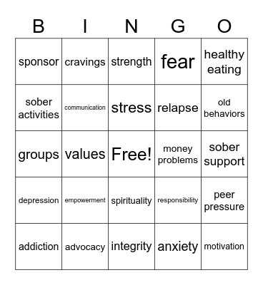 Sobriety Bingo Card