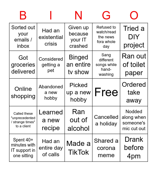 Corporate Quarantine - Fitness Bingo Card