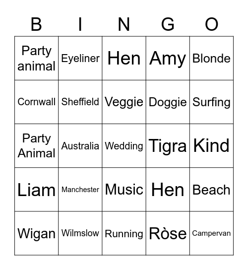 Amys Hen Bingo Card