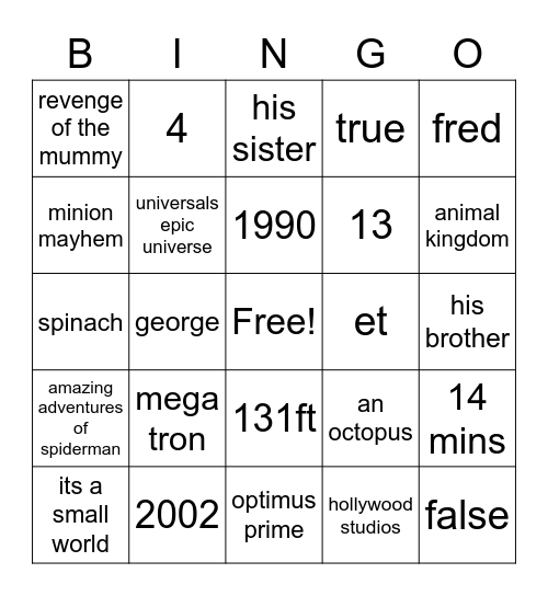 Theme Park BINGO! Bingo Card