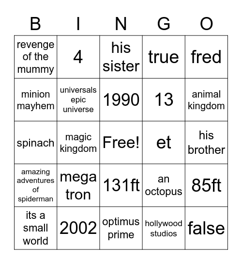 Theme Park BINGO! Bingo Card