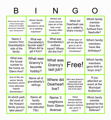 Howard Family History Bingo Card