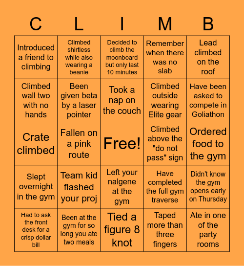 Elite Climbing Bingo Card