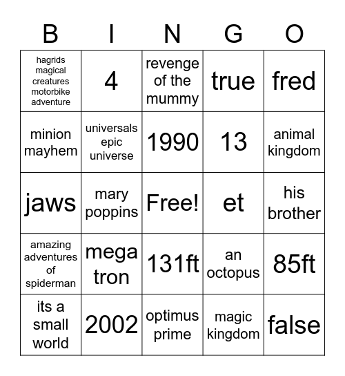 Theme Park BINGO! Bingo Card