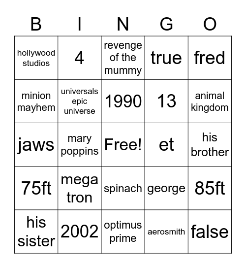 Theme Park BINGO! Bingo Card