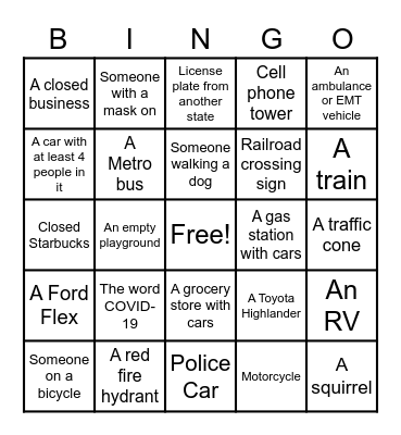 COVID-19 Car Bingo Card