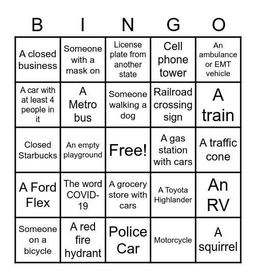 COVID-19 Car Bingo Card